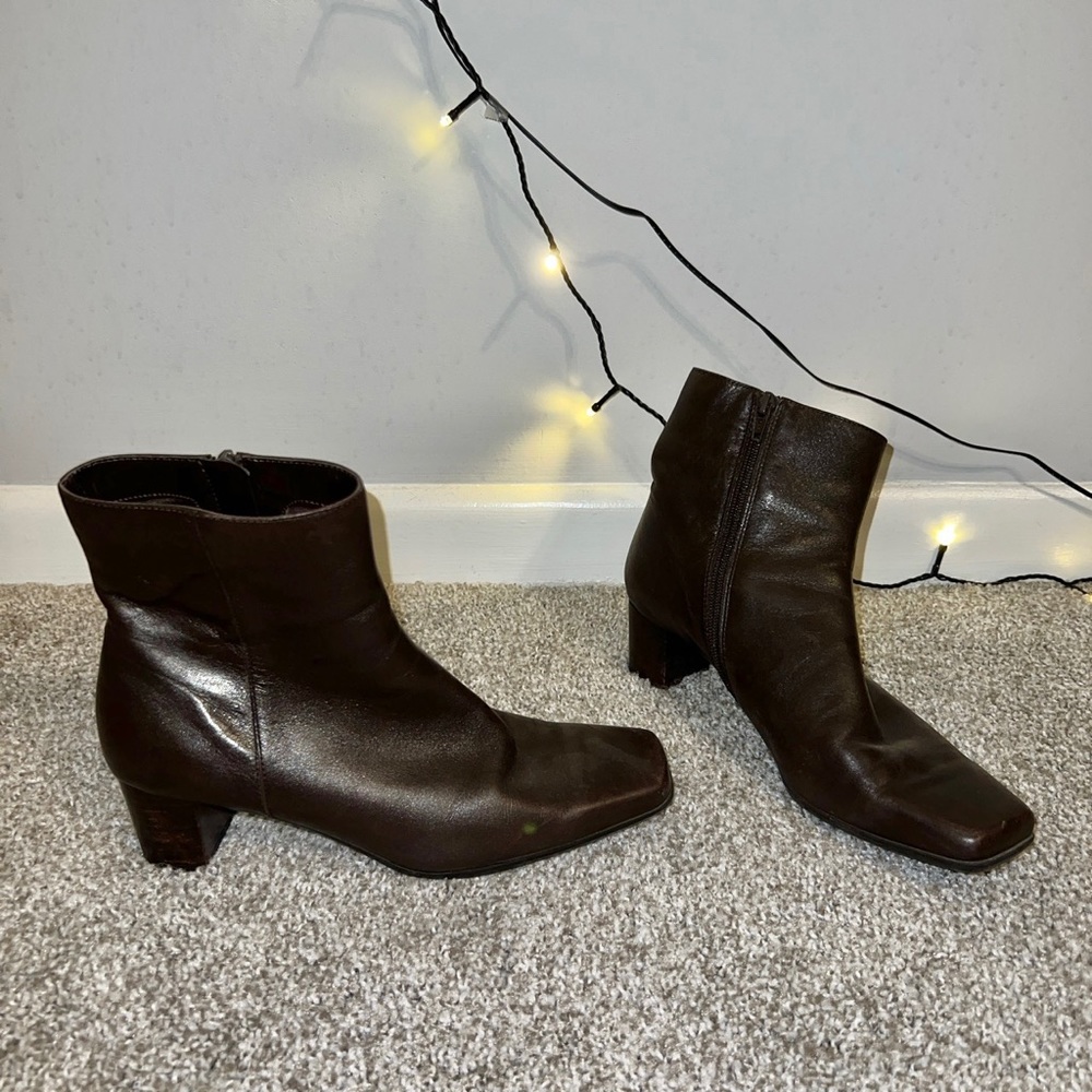 Dark brown booties with a square toe